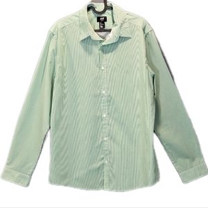 H&M Slim Fit Easy Iron Green Pin Stripe Button Up Shirt Size L Fits like M